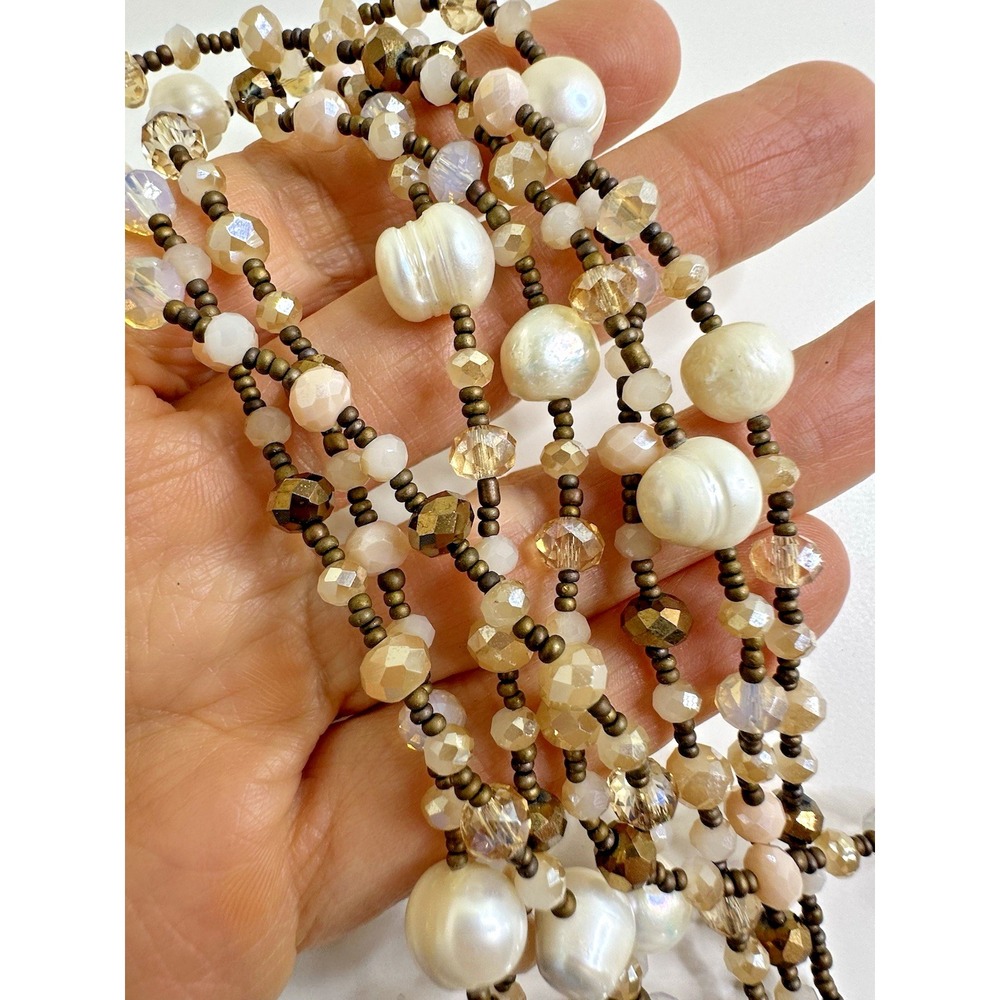 Genuine Pearl Moonstone Crystal Necklace Double Strand Beaded Gold Tone Long 32"